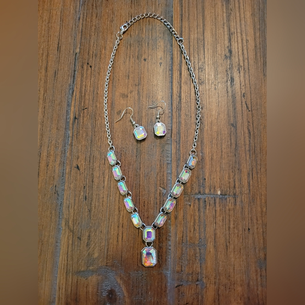 Multi Color Iridescent Costume Jewelry Necklace with matching earrings